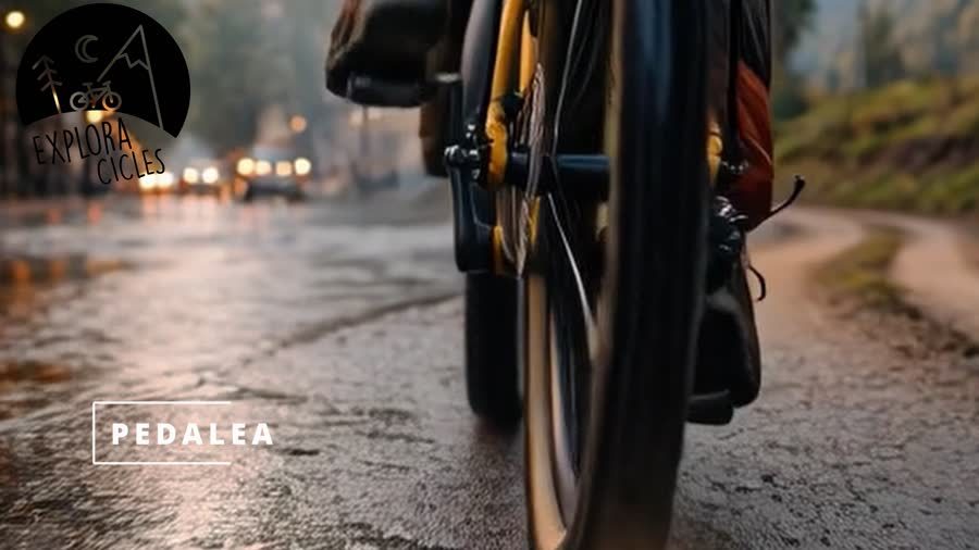 Ciclista con alforjas junto a un río