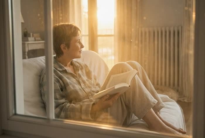 Mujer leyendo junto a una ventana