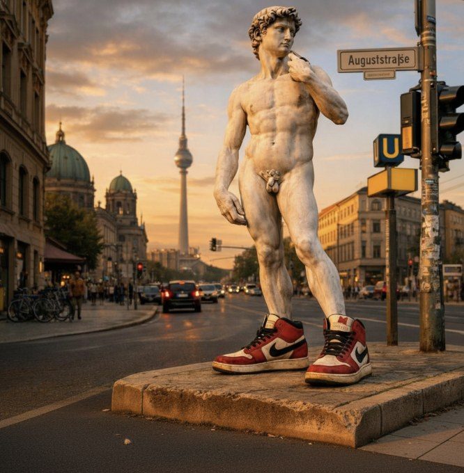 Estatua de David con zapatillas
