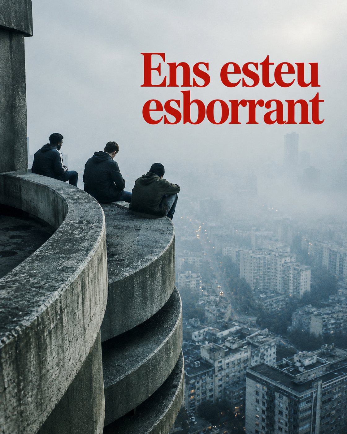 Tres jóvenes sentados en lo alto de un edificio miran una ciudad en la niebla, con el texto Ens esteu esborrant