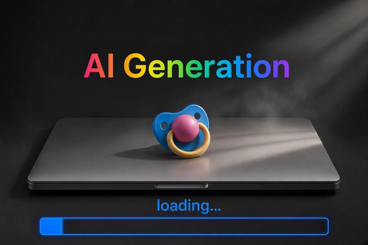Chupete sobre un portátil cerrado con el texto AI Generation y una barra de carga
