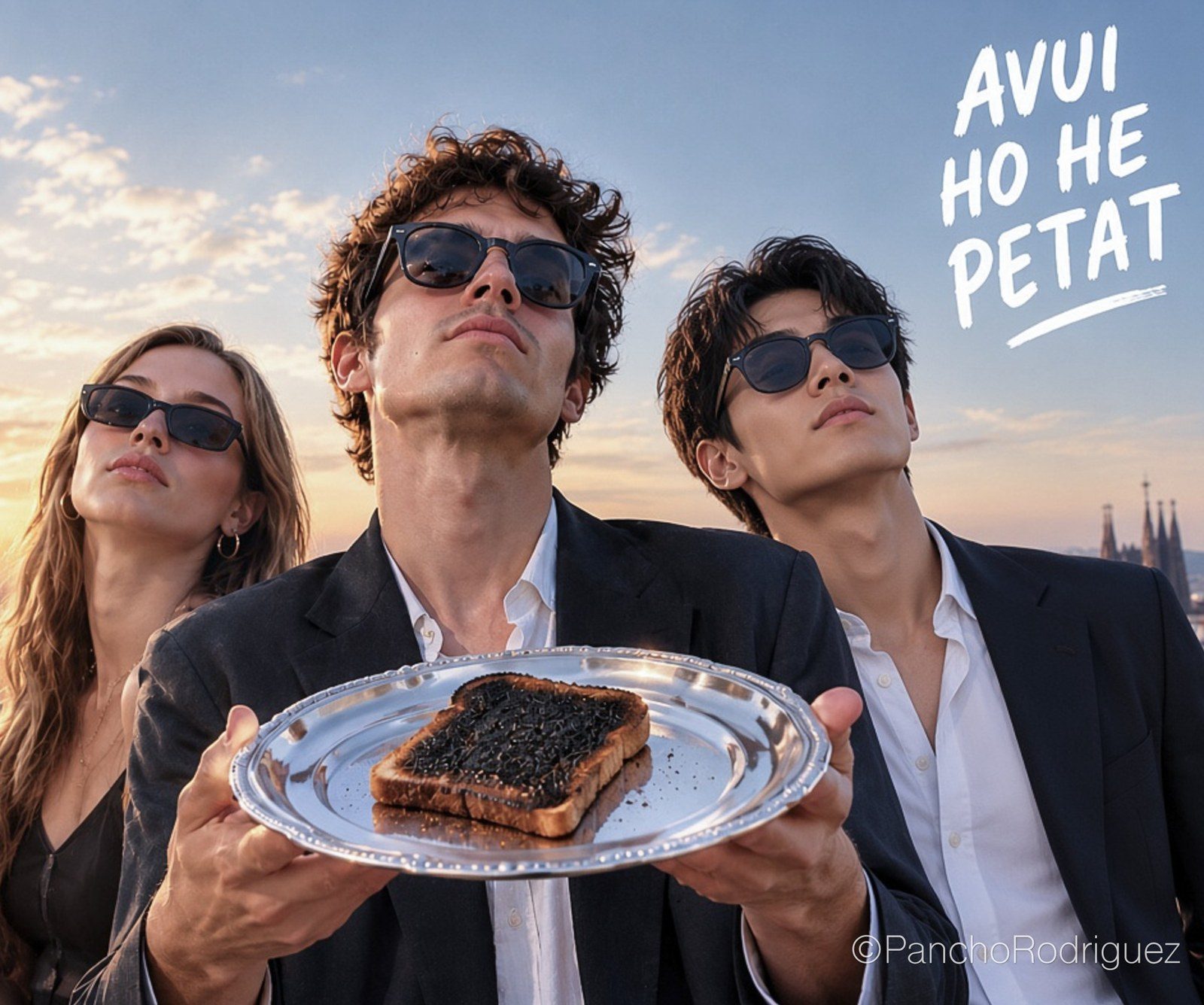 Tres jóvenes presentan una tostada quemada como un trofeo